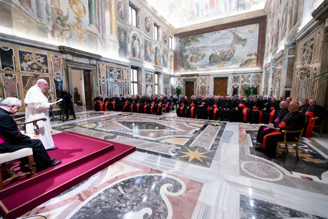 Pope Francis addresses participants in the plenary of the Congregation for Catholic Education in the Vaticans Clementine Hall Feb 20 2020 Credit Vatican Media