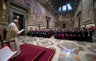 Pope Francis addresses participants in the international conference for rectors and operators of sanctuaries in the Vatican's Sala Regia, Nov. 29, 2018.   Vatican Media.
