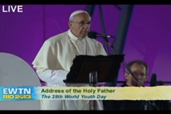 Pope Francis addresses pilgrims after the Way of the Cross at Copacabana Beach July 26 2013 Credit EWTN CNA 7 26 13