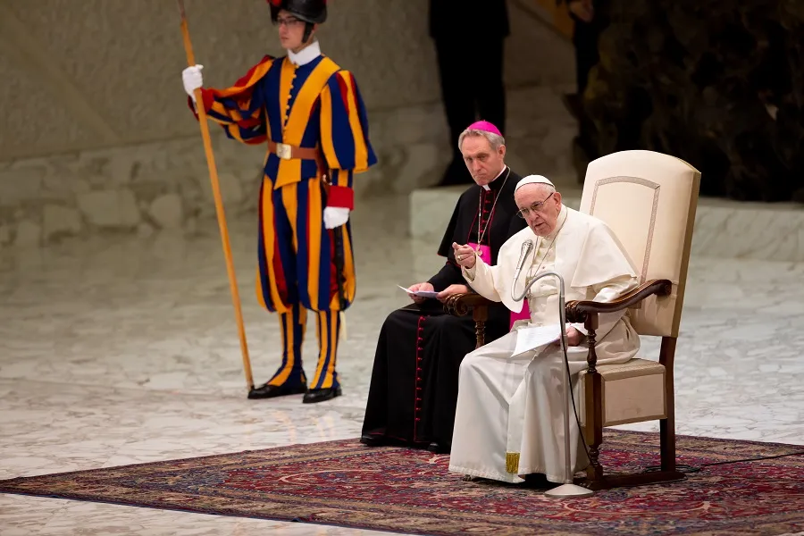 Pope Francis addresses pilgrims during the general audience Aug. 8, 2018. Daniel Ibáñez/CNA.?w=200&h=150