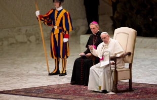 Pope Francis addresses pilgrims during the general audience Aug. 8, 2018. Daniel Ibáñez/CNA.
