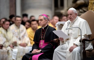 Pope Francis addresses pilgrims from the Ruthenian Eparchy of Mukachevo in St. Peter's Basilica, Dec. 11, 2019. Filippo Monteforte/AFP via Getty Images.