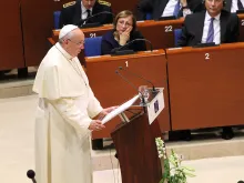 Pope Francis addresses the Council of Europe in Strasbourg, France, Nov. 25, 2014. 