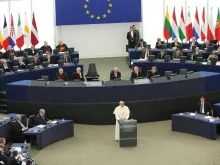 Pope Francis addresses the European Parliament in Strasbourg on Nov. 25, 2014. 