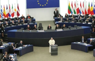 Pope Francis addresses the European Parliament in Strasbourg on Nov. 25, 2014.   Alan Holdren/CNA.