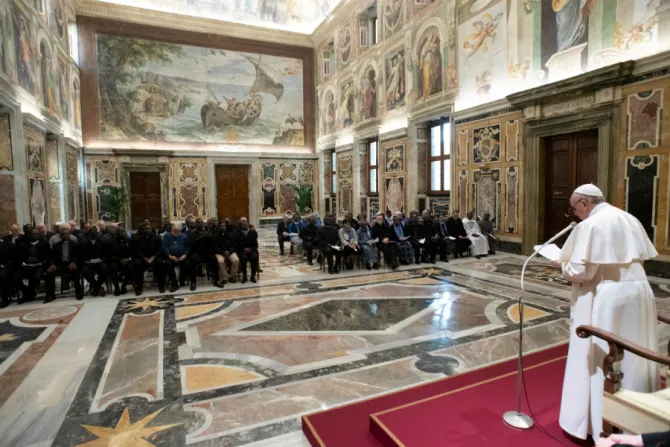 Pope Francis addresses the Missionaries of Africa in the VAticans Clementine Hall Feb 8 2019 Credit Vatican Media CNA