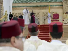 Pope Francis addresses the Moroccan people on the esplanade of the Hassan Tower in Rabat, March 30, 2019. 