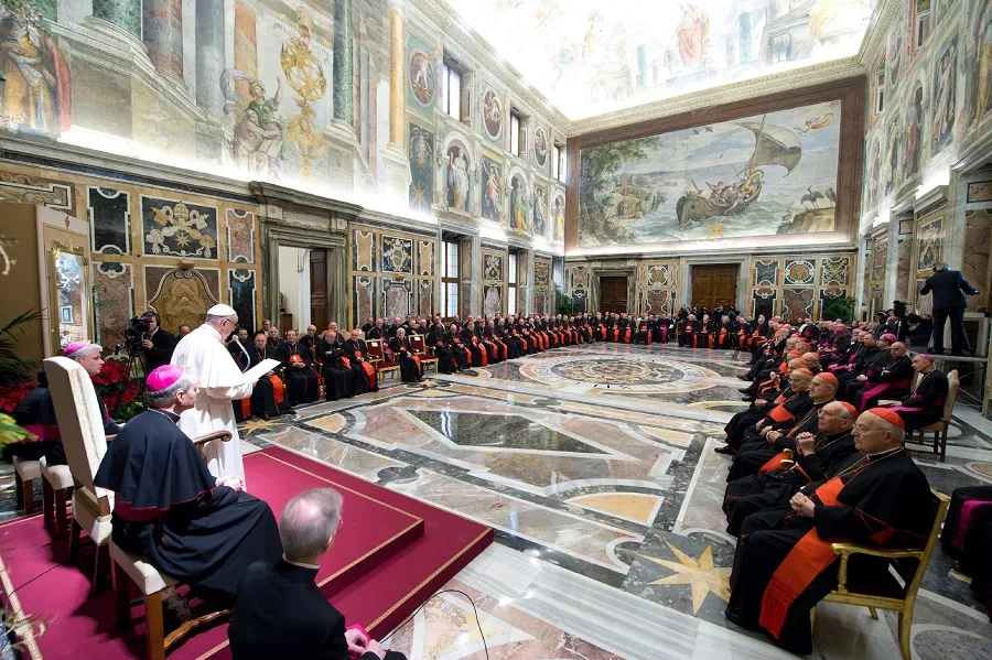 Pope Francis addresses the Roman Curia during his annual Christmas greeting Dec. 21, 2017. ?w=200&h=150