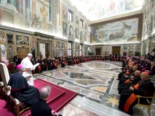 Pope Francis addresses the Roman Curia during his annual Christmas greeting Dec. 21, 2017. 