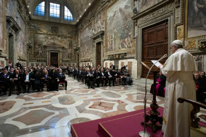 Pope Francis addresses the members of the diplomatic corps accredited to the Holy See in the Vaticans Sala Regia Jan 7 2019 Credit Vatican Media CNA