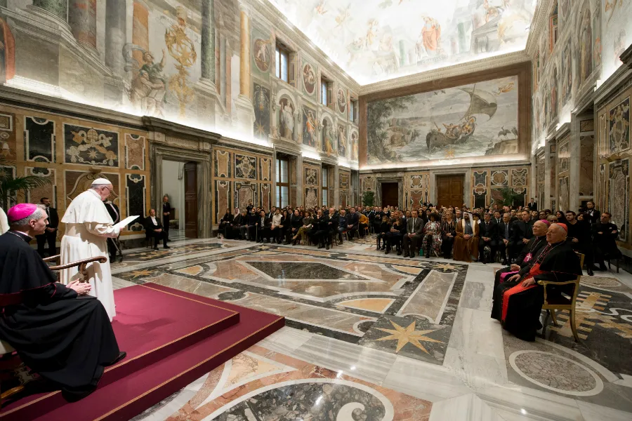 Pope Francis addresses the performer and organizers of the Christmas Concert in the Vatican's Clementine Hall, Dec. 14, 2018. ?w=200&h=150