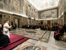 Pope Francis addresses the performer and organizers of the Christmas Concert in the Vatican's Clementine Hall, Dec. 14, 2018. 