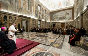 Pope Francis addresses the performer and organizers of the Christmas Concert in the Vatican's Clementine Hall, Dec. 14, 2018.   Vatican Media.