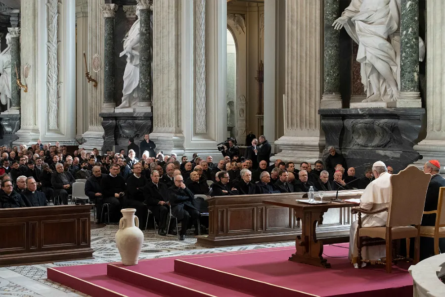Pope Francis addresses the priests of the Diocese of Rome in the Archbasilica of St. John Lateran, March 7, 2019. ?w=200&h=150