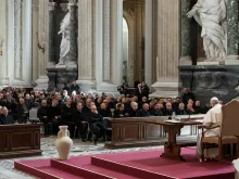 Pope Francis addresses the priests of the Diocese of Rome in the Archbasilica of St. John Lateran, March 7, 2019. 