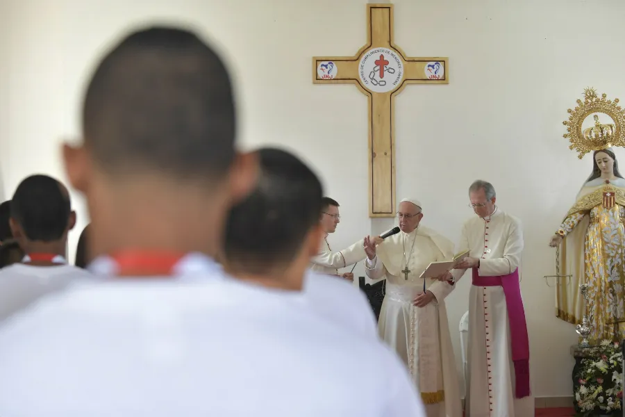 Pope Francis addresses young detainees during a penitential liturgy at the Centro de Cumplimiento de Menores Las Garzas de Pacora in Panama, Jan. 25, 2019. ?w=200&h=150