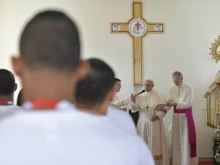 Pope Francis addresses young detainees during a penitential liturgy at the Centro de Cumplimiento de Menores Las Garzas de Pacora in Panama, Jan. 25, 2019. 