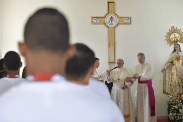 Pope Francis addresses young detainees during a penitential liturgy at the Centro de Cumplimiento de Menores Las Garzas de Pacora in Panama Jan 25 2019 Credit Vatican Media CNA