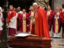 Pope Francis administers last rites to Cardinal Simon Lourdusamy during his funeral Mass on June 5, 2014. 