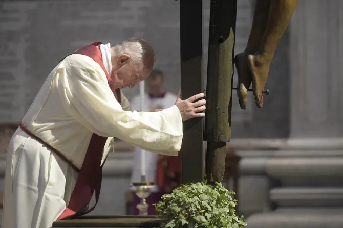Pope Francis adores the cross in St Peters Basilica April 10 2020 Credit Vatican Media