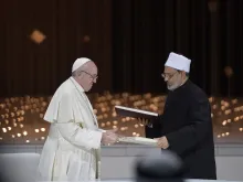 Pope Francis and Ahmed el-Tayeb, grand imam of al-Azhar, signed a joint declaration on human fraternity during an interreligious meeting in Abu Dhabi, UAE, Feb. 4, 2019. 