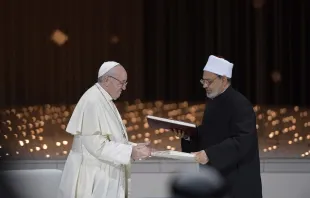 Pope Francis and Ahmed el-Tayeb, grand imam of al-Azhar, signed a joint declaration on human fraternity during an interreligious meeting in Abu Dhabi, UAE, Feb. 4, 2019.   Vatican Media.