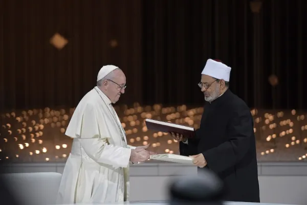 Pope Francis and Ahmed el-Tayeb, grand imam of al-Azhar, signed a joint declaration on human fraternity during an interreligious meeting in Abu Dhabi, UAE, Feb. 4, 2019. Vatican Media.