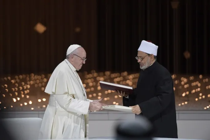 Pope Francis and Ahmed el Tayeb grand imam of al Azhar signed a joint declaration on human fraternity during an interreligious meeting in Abu Dhabi UAE Feb 4 2019 Credit Vatican Media 