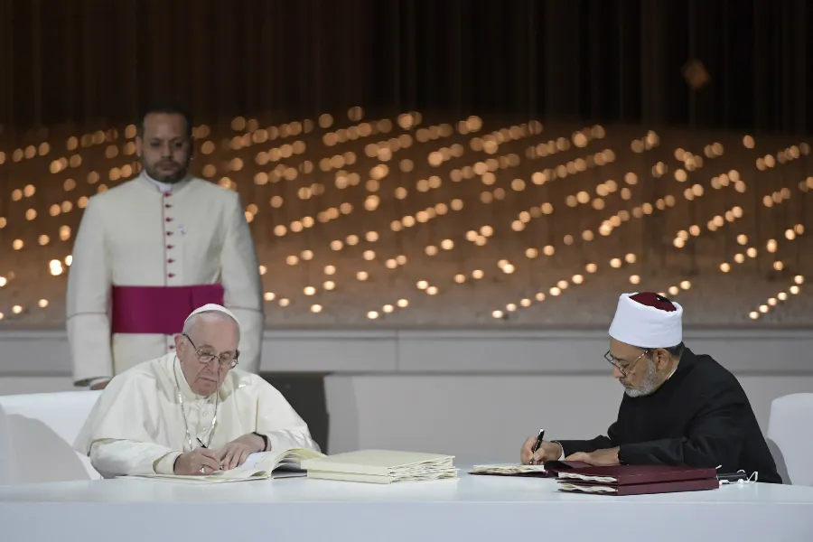 Pope Francis and Ahmed el-Tayeb, grand imam of al-Azhar, sign a joint declaration on human fraternity during an interreligious meeting in Abu Dhabi, UAE, Feb. 4, 2019. . Vatican Media.