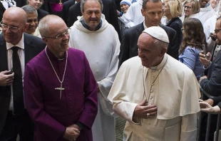 Pope Francis and Anglican Primate Archbishop Justin Welby walk into the church of San Gregorio al Cielo to pray First Vepsers together.   L'Osservatore Romano.