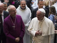 Pope Francis and Anglican Primate Archbishop Justin Welby walk into the church of San Gregorio al Cielo to pray First Vepsers together. 