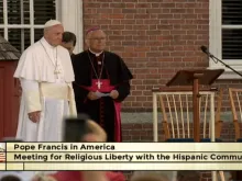 Pope Francis and Archbishop Charles Chaput of Philadelphia outside Independence Hall, Sept. 26, 2015. 