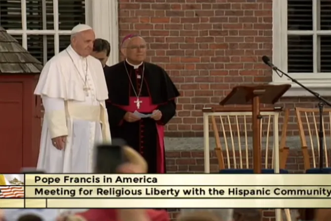 Pope Francis and Archbishop Charles Chaput outside of Independence Hall Sept 26 2015 Credit EWTN CNA 9 26 15