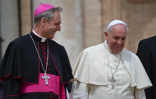 Pope Francis and Archbishop Georg Ganswein in St. Peter's Square after the Wednesday general audience, May 7, 2014.   Daniel Ibáñez/CNA.