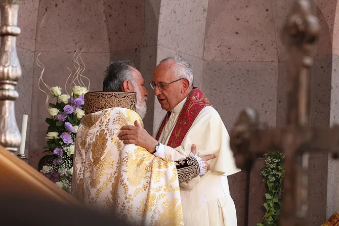 Pope Francis and Catholicos Karekin II celebrate Divine Liturgy in the Saint Tiridates square of the Etchmiadzin Apostolic Palace in Yerevan Armenia on June 26 2016 Credit Edward Pentin CNA