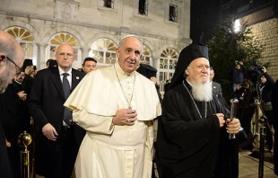 Pope Francis and Ecumenical Patriarch Bartholomew exit the Patriarchal Cathedral of St. George following the Doxology Nov. 30, 2014. Photo courtesy of John Mindala/Ecumenical Patriarchate.
