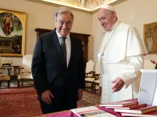 Pope Francis and UN Secretary General António Guterres in the Vatican Apostolic Palace Dec. 20, 2019. 