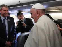 Pope Francis and Matteo Bruni aboard the papal flight to Cuba Feb. 12, 2016. 