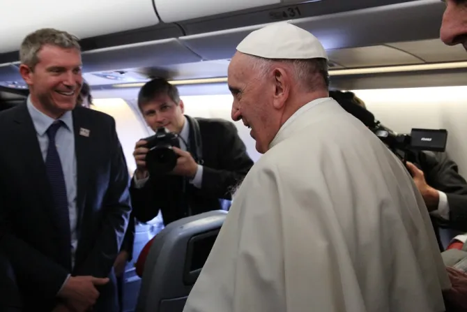 Pope Francis and Matteo Bruni aboard the papal flight to Havana Cuba Feb 12 2016 Credit Alan Holdren CNA