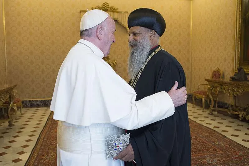 Pope Francis greets Ethiopian Orthodox Patriarch Abune Mathias Feb. 29, 2016. ?w=200&h=150