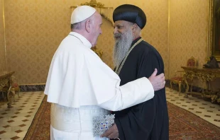 Pope Francis greets Ethiopian Orthodox Patriarch Abune Mathias Feb. 29, 2016.   Vatican Media.