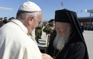 Pope Francis and Patriarch Bartholomew I in Greece, April 16, 2016.   Vatican Media