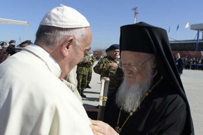 Pope Francis and Patriarch Bartholomew I in Greece April 16 2016 Credit LOsservatore Romano CNA