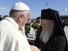 Pope Francis and Patriarch Bartholomew I in Greece, April 16, 2016. 