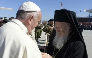Pope Francis and Patriarch Bartholomew I in Greece. April 16, 2016.   Vatican Media.
