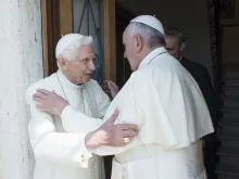 Pope Francis and Pope Emeritus Benedict embrace each other at the Vatican's Mater Ecclesiae Monastery, June 30, 2015. 