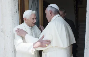 Pope Francis and Pope Emeritus Benedict embrace each other at the Vatican's Mater Ecclesiae Monastery, June 30, 2015. L'Osservatore Romano.