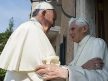 Pope Francis and Benedict XVI at the Monastery of Mater Ecclesiae in Vatican City on June 30, 2015. 