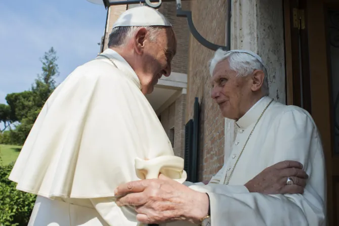 Pope Francis and Pope Emeritus Benedict XVI at the Monastery of Mater Ecclesiae in Vatican City on June 30 2015 Credit   LOsservatore Romano CNA 6 30 15