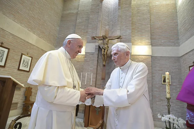 Pope Francis and Pope Emeritus Benedict XVI meet to bless the newly elected cardinals on June 28 2017 Credit LOsservatore Romano CNA